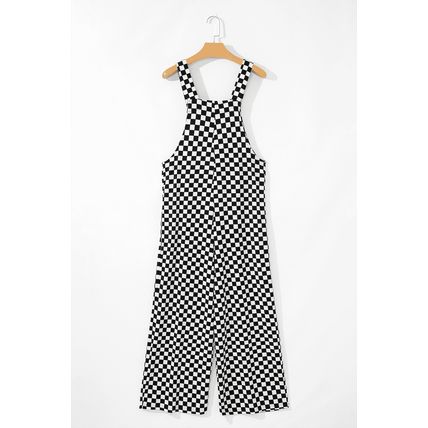 Black Checkered Print Pocketed Wide Leg Jumpsuit