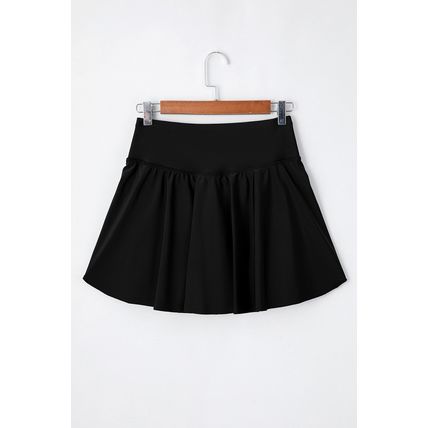 Black Solid Pocketed Crossover High Waist Swim Skort
