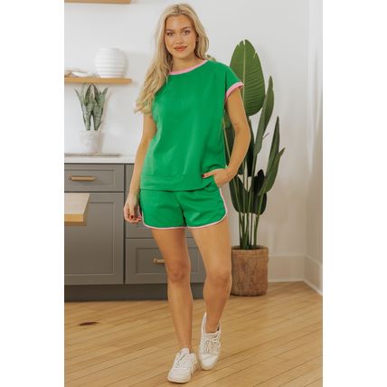 Bright Green Two Tone Contrast Textured Crewneck Tee and Shorts Set