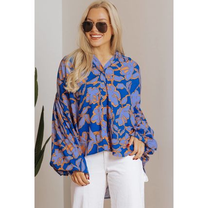 Blue Floral Print Batwing Sleeve Buttoned Loose Fit Shirt