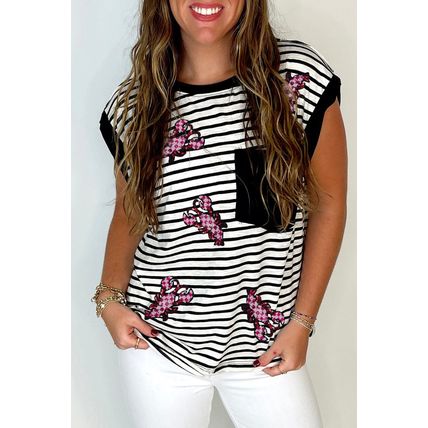 Black Stripe Sequined Lobster Patched Pocket Casual Tank Top
