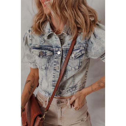 Beau Blue Light Wash Buttoned Chest Pocket Puff Sleeve Denim Jacket