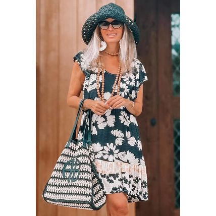 Green Floral Print Ruffle Sleeve Empire Waist Mini Dress