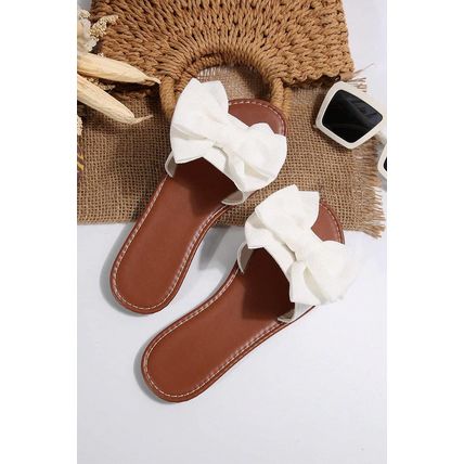White Bow Knot Decor PU Leather Insole Flat Slippers