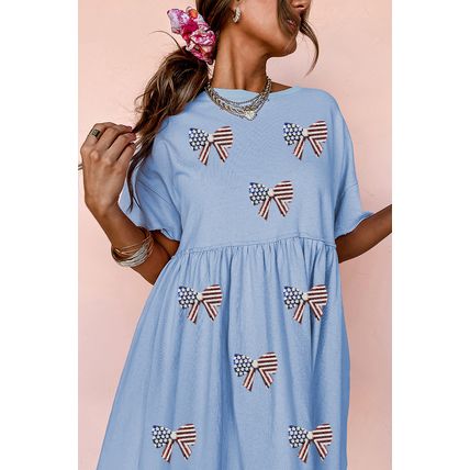 Sky Blue Star and Stripes Sequin Bow Patched T Shirt Babydoll Dress