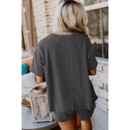 Carbon Grey Sequin Strawberry Patched Twist Ribbed Short 2pcs Outfit