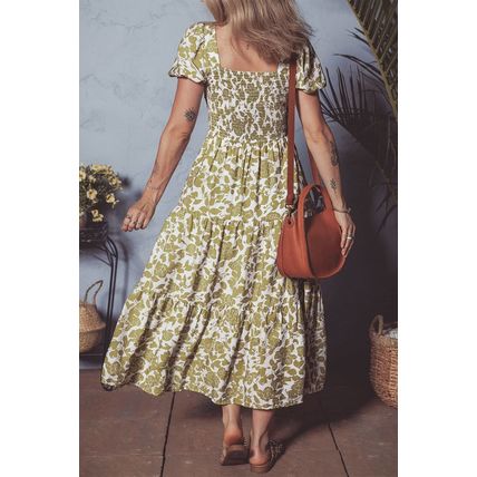 Yellow Boho Floral Square Neck Smocked Bust Puff Sleeve Tiered Long Dress