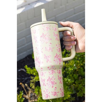 White Flower Print Handle Insulated Large Tumbler 40oz
