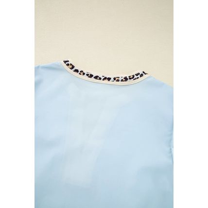 Beau Blue Contrast Leopard Trim Split Neck Puff Sleeve Blouse