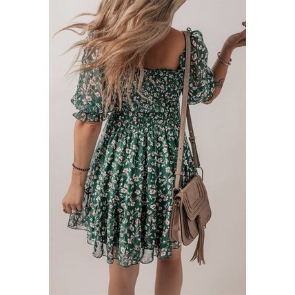 Green Smocked Square Neck Puff Short Sleeve Floral Dress