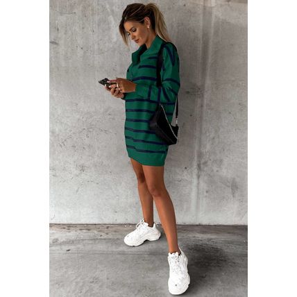 Green Striped/Solid O-ring Zip Collared Loose Sweater Mini Dress