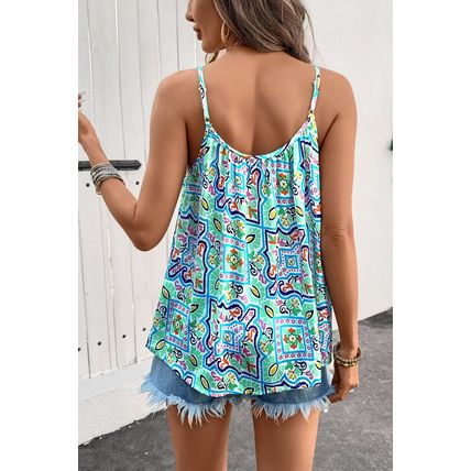 White Rhinestone Boho Floral Printed Spaghetti Strap Tank Top