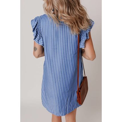 Sky Blue Stripe Frilly Split Neck Shirred Ruffle Sleeve Short Shift Dress