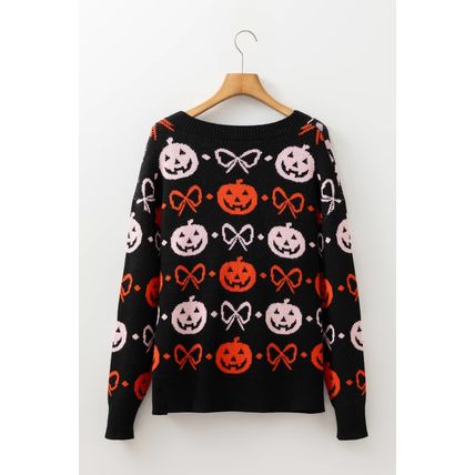 Black Halloween Pumpkin Bow Knit Button V Neck Sweater Cardigan