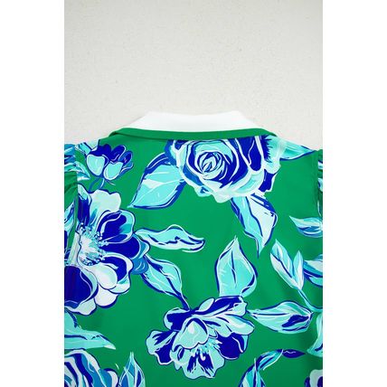 Bright Green Contrast Floral Print Collared V Neckline Ruffled Cap Sleeve Shift