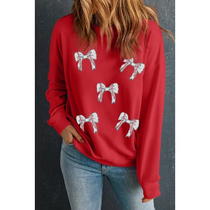 Red Sequined Baseball Bow Graphic Plus Size Sweatshirt
