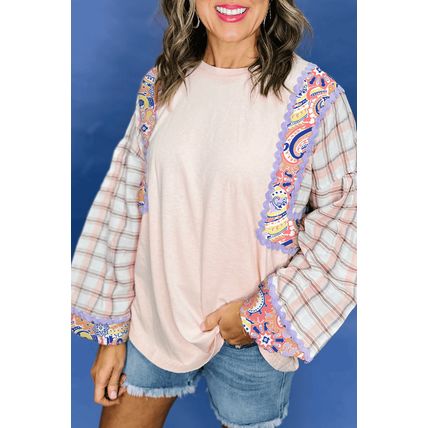 Delicacy Ricrac Trim Floral Plaid Patchwork Puff Sleeve Blouse