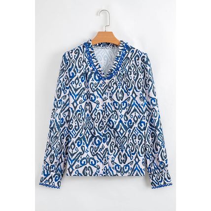 Blue Bohemian Print Embroidered V Neckline Detail Long Sleeve Shirt