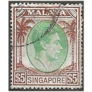 Singapore 1951 SG30 $5 Green & Brown Perf 17.5x18 Fine Used . .. .