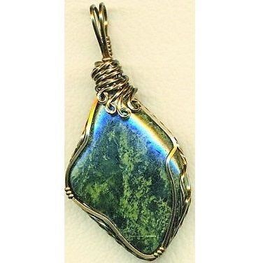 Green Black Serpentine Bronze Copper Wire Wrap Gemstone Pendant 20