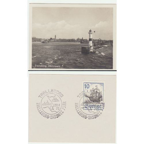 Sweden 1972 Trelleborg Lighthouse photo, Trelleborg Sassnitz Ferry postmark 75yr