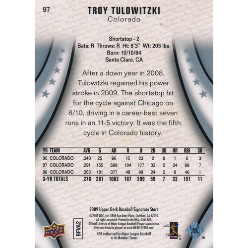 2009 Upper Deck Signature Stars Baseball 97 Troy Tulowitzki Colorado Rockies