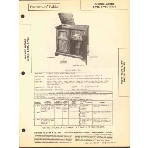 OLYMPIC models 8-925 8-934 8-936 AM FM phono Sams Photofact manual