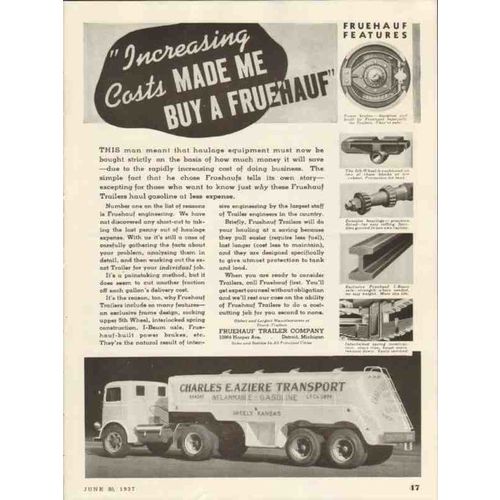 FRUEHAUF TRAILER COMPANY 1937 increasing haulage equipment vintage ad