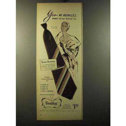 1950 Wembley Brown Harmony Tie Ad - Yes no wrinkles