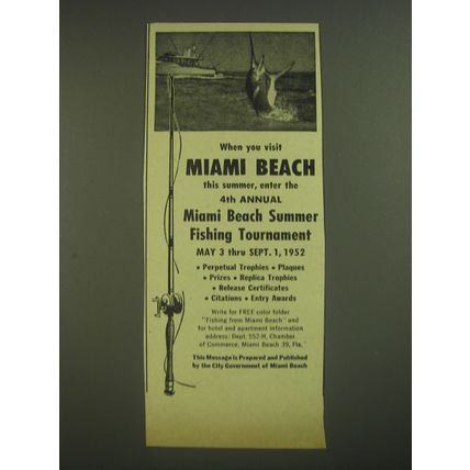 1952 City Government of Miami Beach Ad - 4th Annual Fishing Tournament