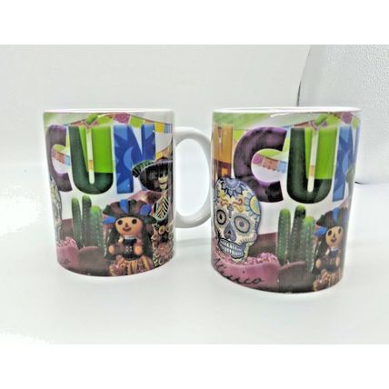 (2) Cancun Mugs - Colorful! Skull/Skeleton/Sombrero - Mexico - Coffee/Tea Cups