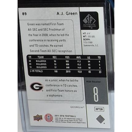 2011 SP Authentic AJ GREEN (Georgia/Bengals) RC #89