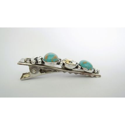 Small turquoise blue stone and crystal metal alligator hair clip medium thin
