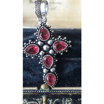 Vintage 1980-s 925 Sterling Silver Red Garnet Cross Pendant on 20 inch Chain