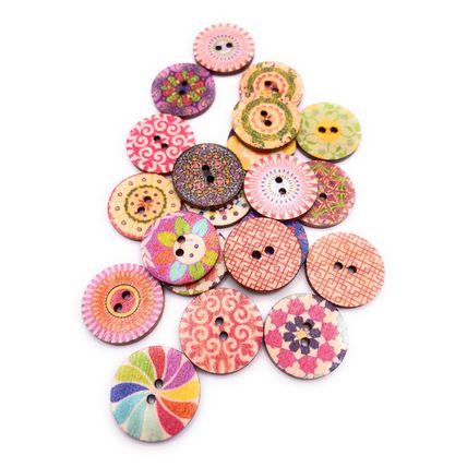 20mm Round Shabby Chic Vintage Buttons 2 Hole Mixed Pattern Wooden Sewing