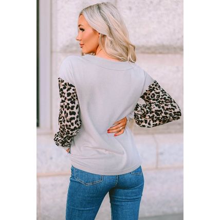 Red Wild Leopard Contrast Sleeve Colorblock Waffle Knit Top