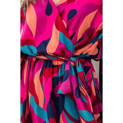Red Abstract Printed Belted Puff Sleeve Mini Dress
