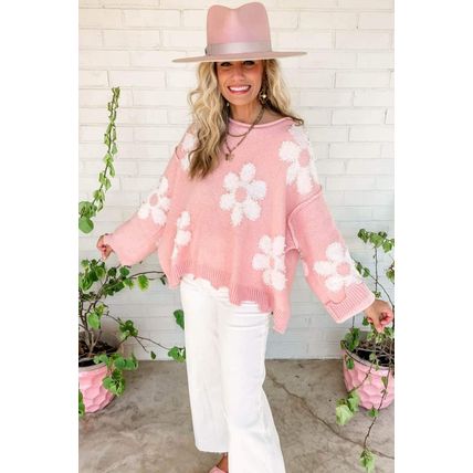 Multicolour Pearl Beaded Floral Drop Shoulder Sweater