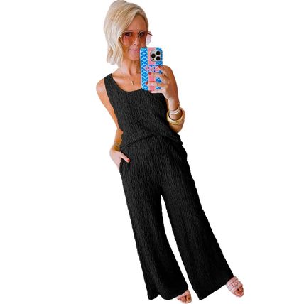 Black Crinkled U Neck Tank Top and Wide Leg Pants Set