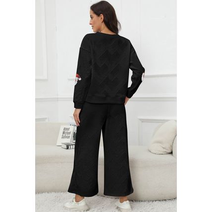 Black Christmas Sequined Santa Clause Print Textured Pants Set