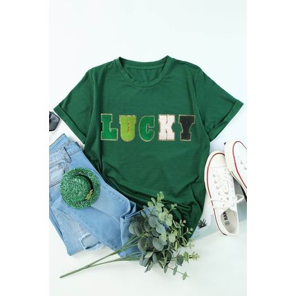 Green LUCKY Glitter Chenille Patched Crew Neck T Shirt