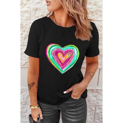 Black Valentine Heart Shaped Print Crew Neck T Shirt