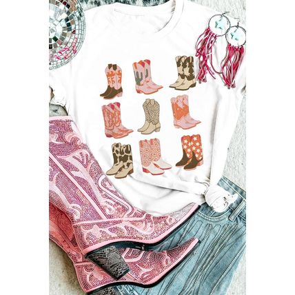 White Western Cowboy Boots Print Round Neck T Shirt