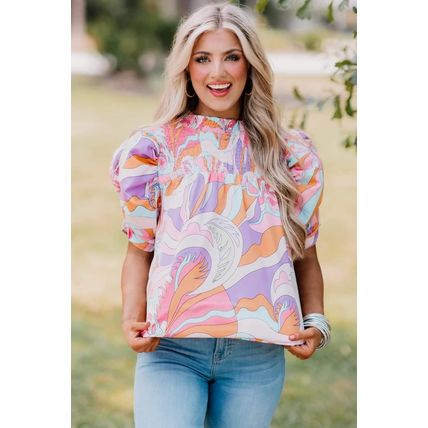 Pink Abstract Print Bubble Sleeve Smock Detail Blouse