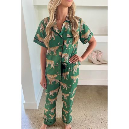Green Cheetah Print Short Sleeve Shirt and Pants Pajama Set
