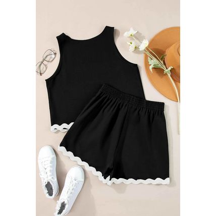 Black Ricrac Trim Tank Top Elastic Waist Shorts Set