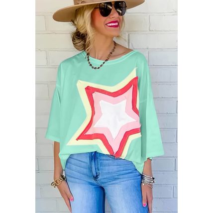 Moonlight Jade Colorblock Star Patched Half Sleeve Oversized Tee