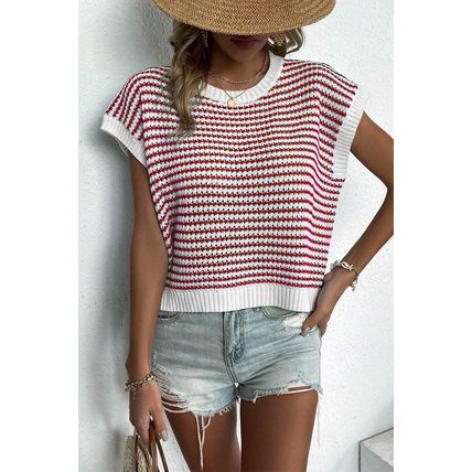 Red Stripe Ribbed Trim Loose Fit Knitted Sweater Vest