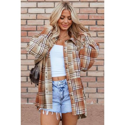 Khaki Plaid Colorblock Patchwork High Low Shacket