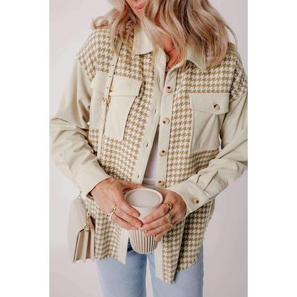 Parchment Houndstooth Corduroy Patchwork Flap Pocket Shacket